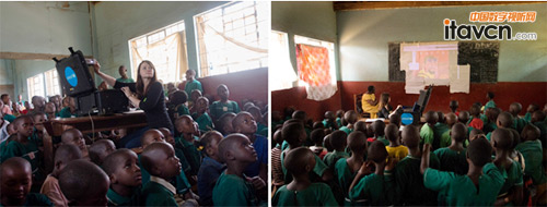 圖:聯合國兒童基金會(UNICEF)員工演示鴻合“移動多媒體教室(Mobi-Station)”